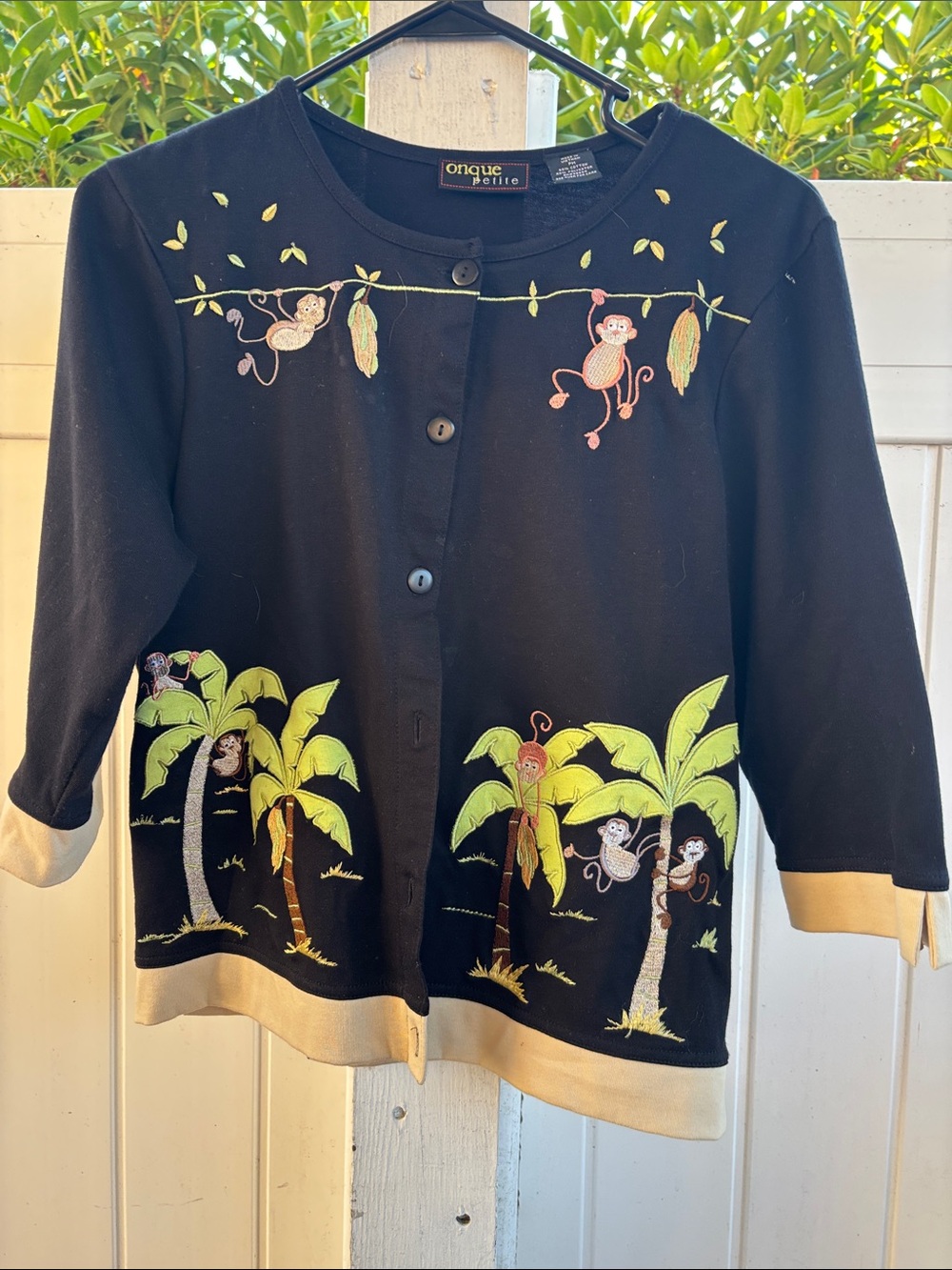 Onque Woman Black Cardigan with Tropical Monkey Embroidery